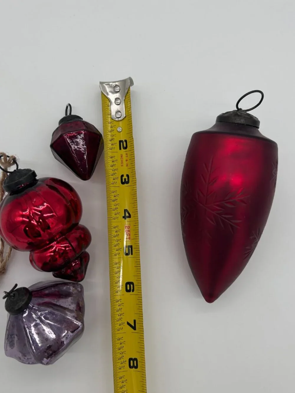4 Vintage Kugel Style Glass Ribbed Teardrop Christmas Ornaments Red